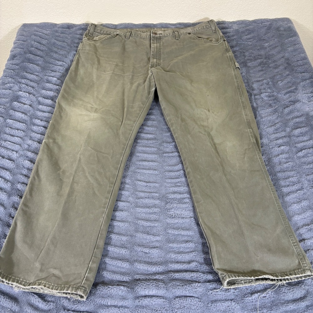 Dickies Mens Carpenter Pants Olive Green Duck Canvas Distressed Workwear 46x32